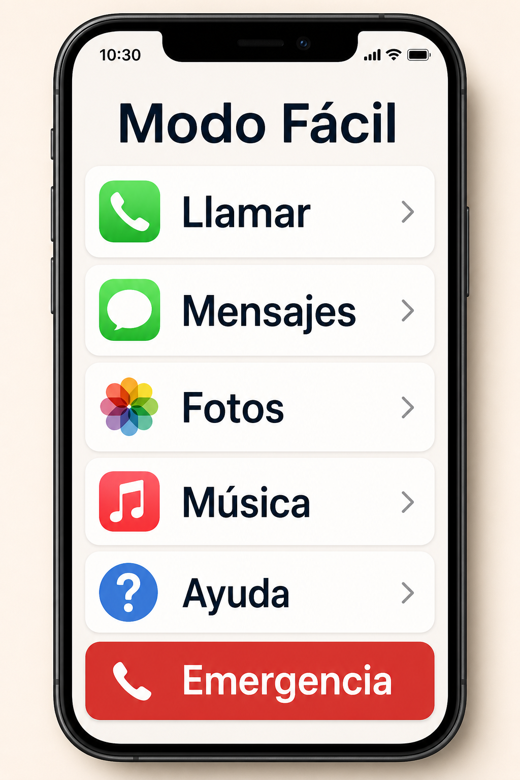 Interfaz simplificada tipo Acceso Asistido con texto grande