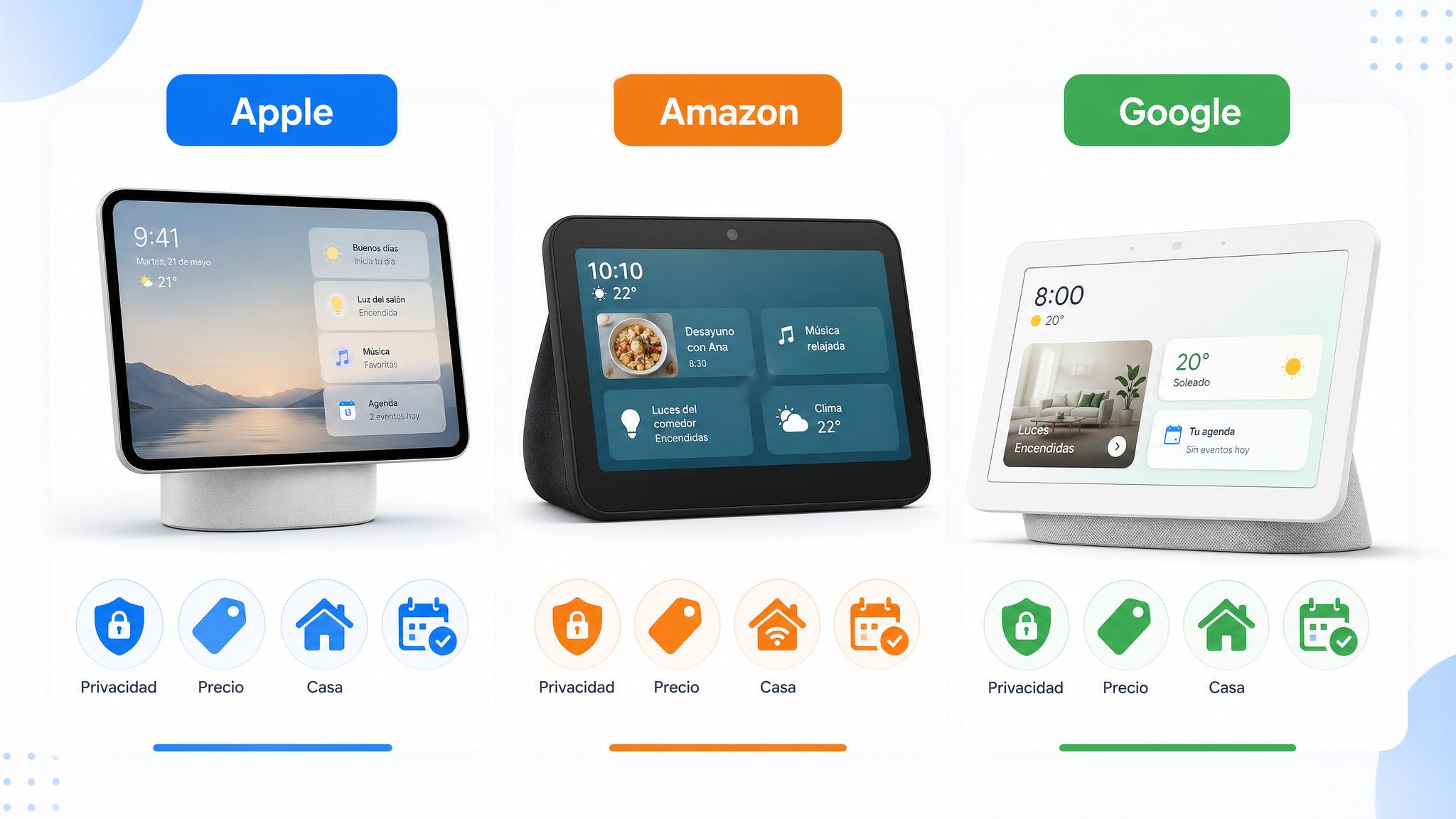 Infografía comparativa de HomePad, Echo Show y Nest Hub