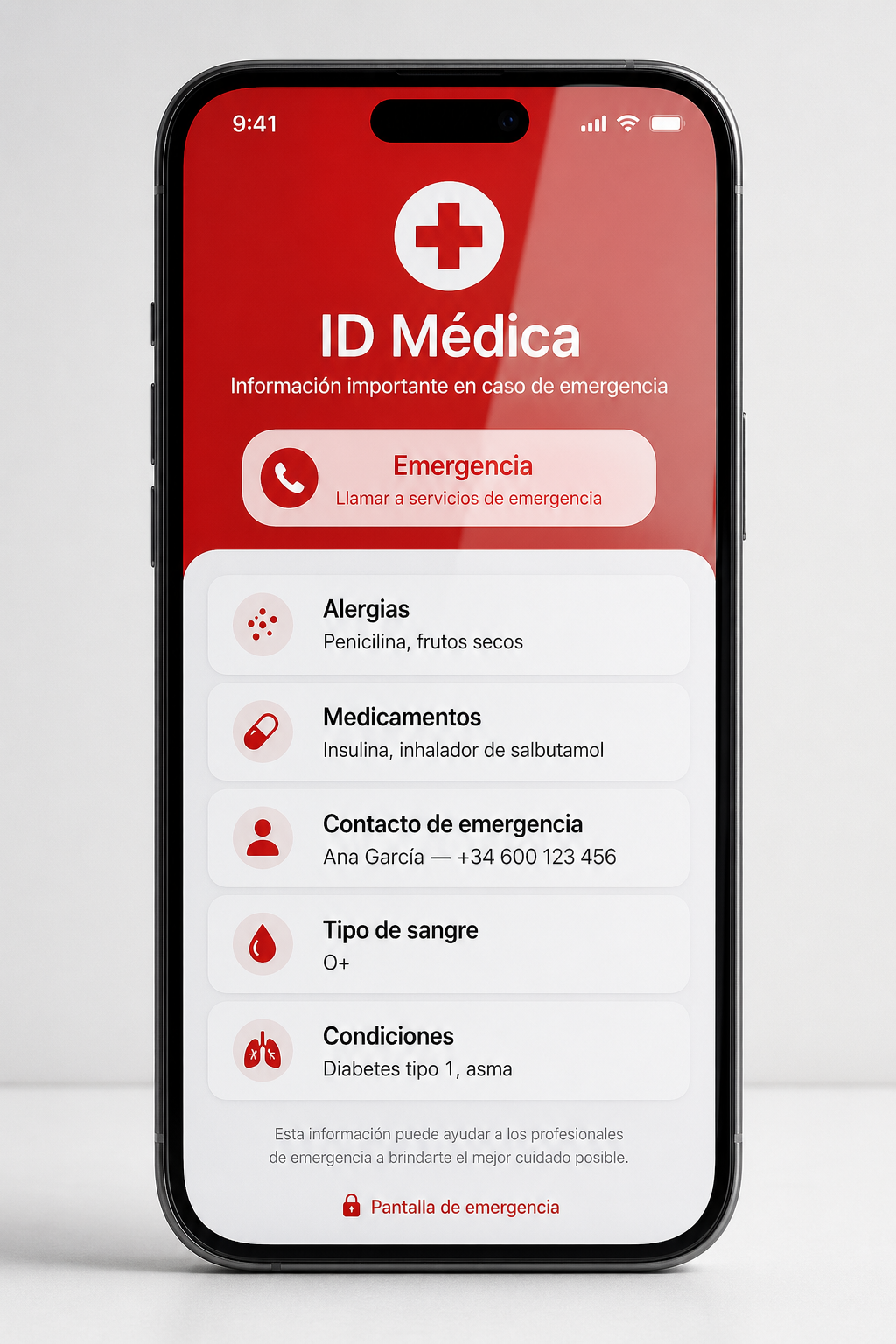 Pantalla de emergencia con ficha médica visible en iPhone