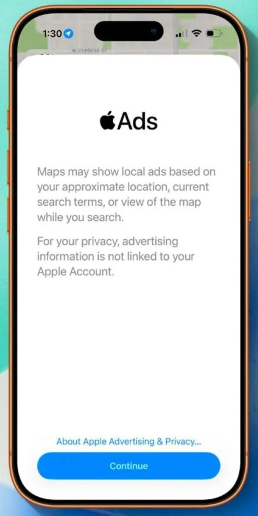 Aviso de Apple Ads en iOS 26.5 beta 2 — Maps puede mostrar anuncios locales