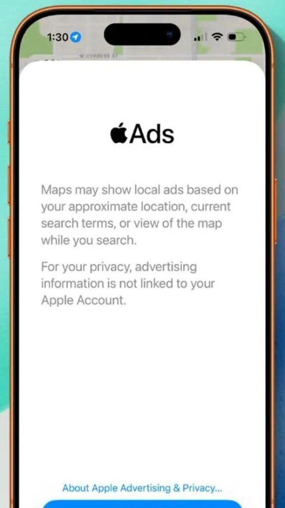 Aviso de Apple Ads en iOS 26.5 beta 2 — Maps puede mostrar anuncios locales