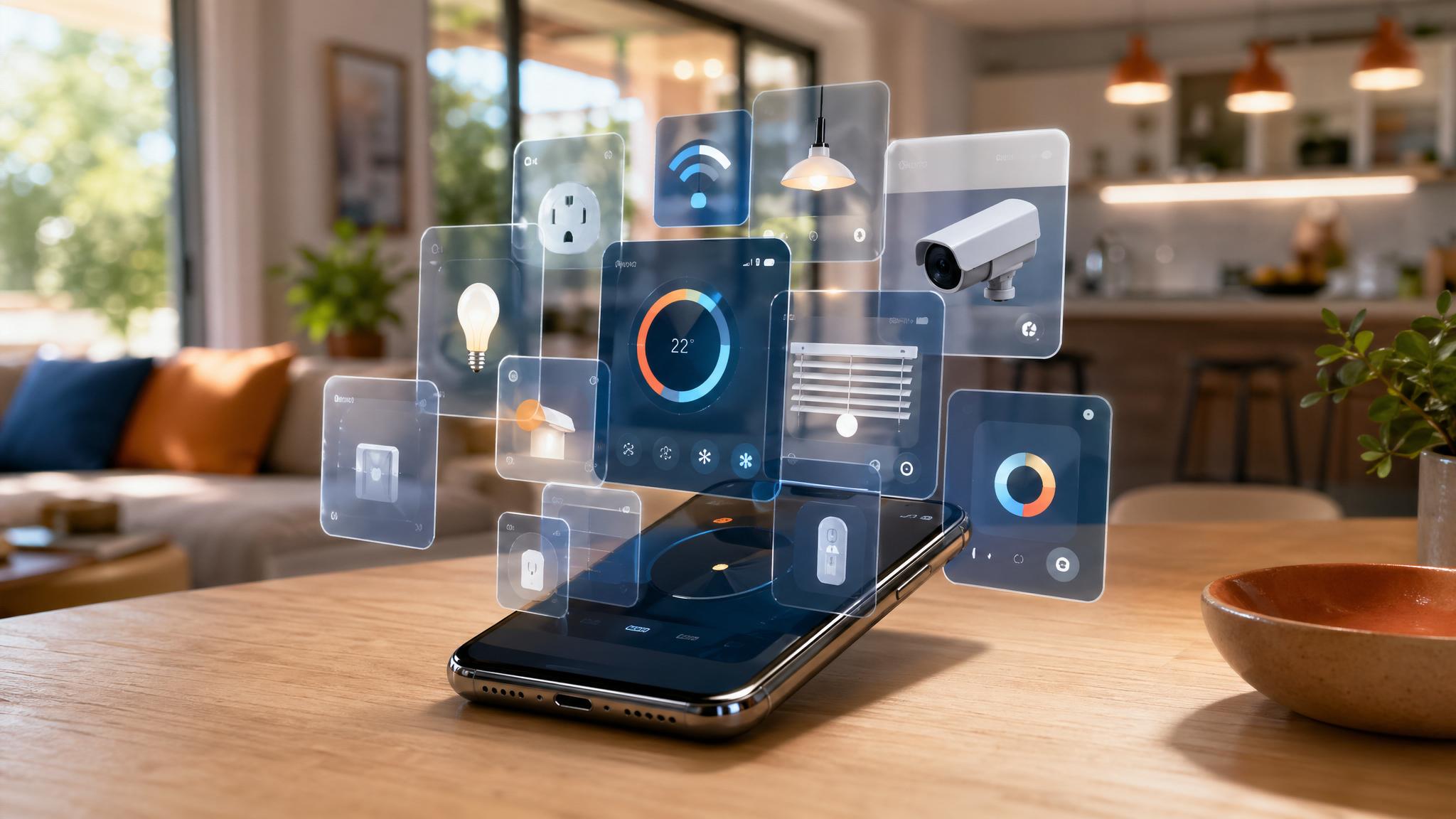 iPhone con varias apps de casa inteligente abiertas, mostrando el caos de la domótica