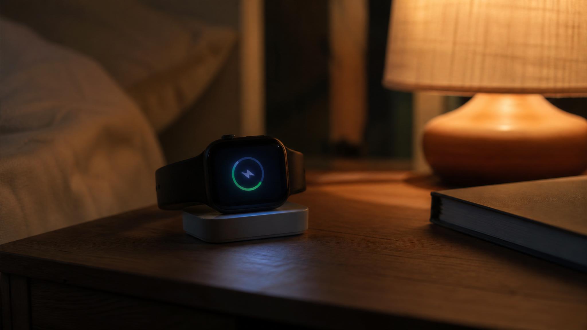 Smartwatch cargando por la noche en mesita de noche