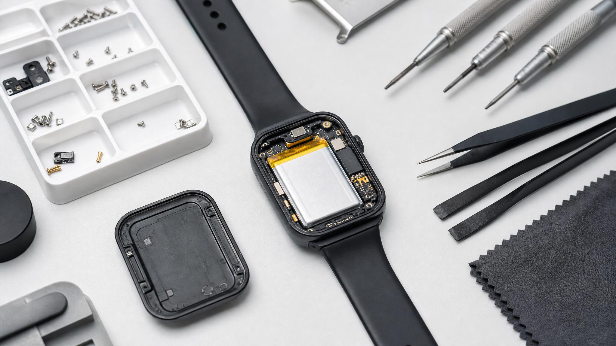Smartwatch abierto en banco técnico con batería visible