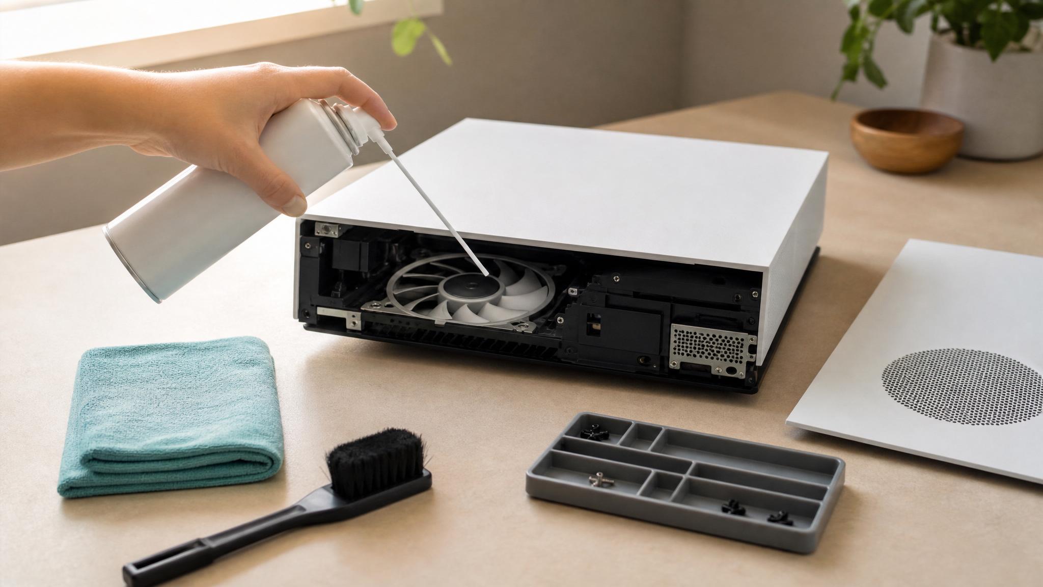Limpieza de PS5 con aire comprimido y herramientas básicas