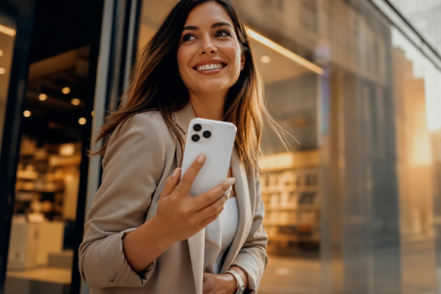 Mujer elegante mostrando smartphone premium