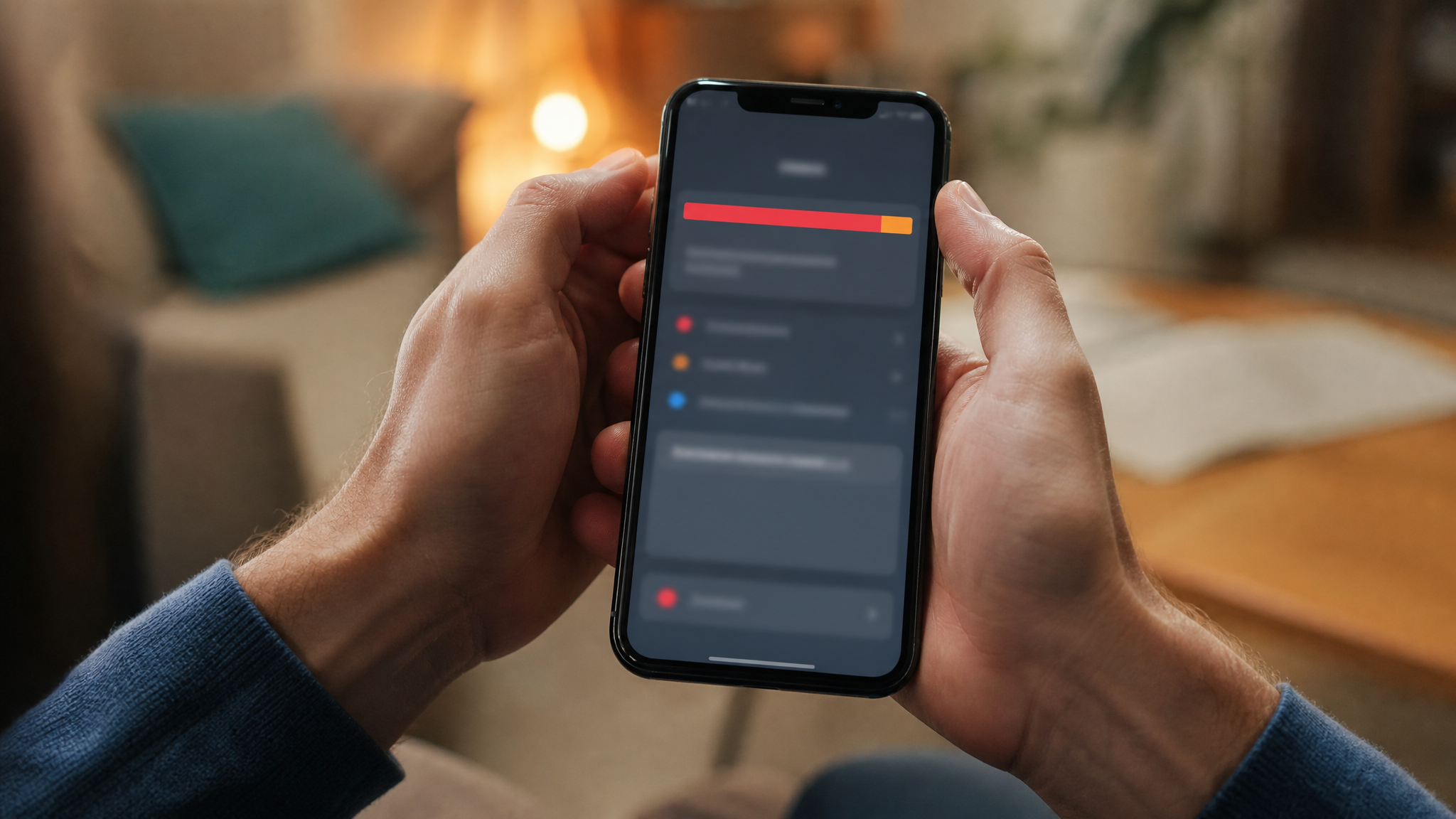 Manos con iPhone mostrando aviso de almacenamiento casi lleno