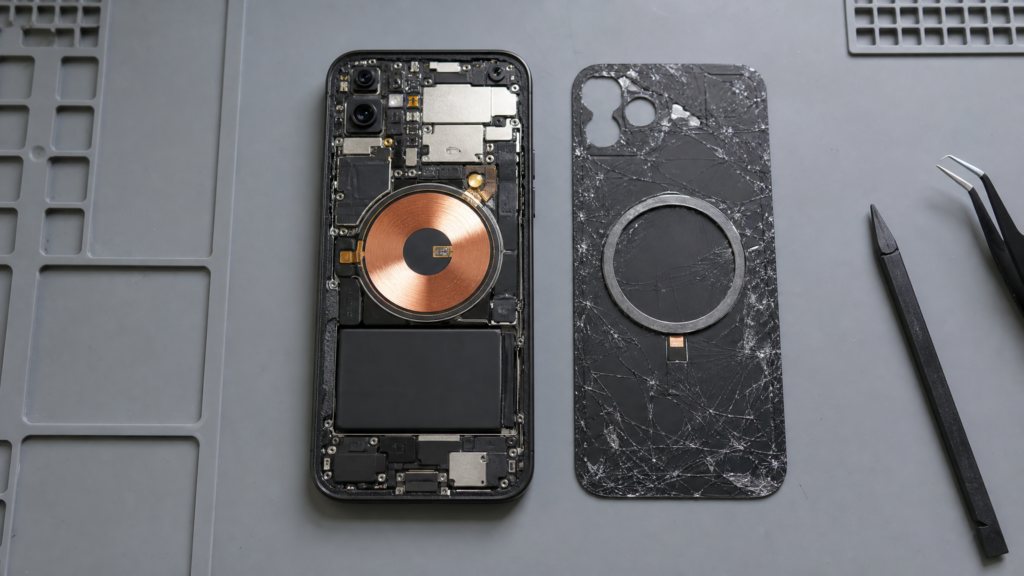 Interior de un smartphone con batería, bobina de carga inalámbrica y flex visibles