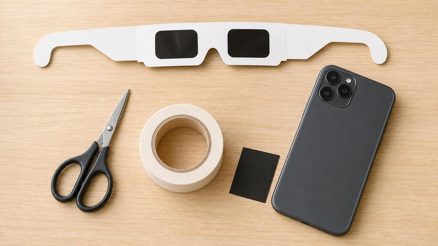 Gafas de eclipse de cartón, tijeras, cinta y móvil preparados para montar un filtro solar