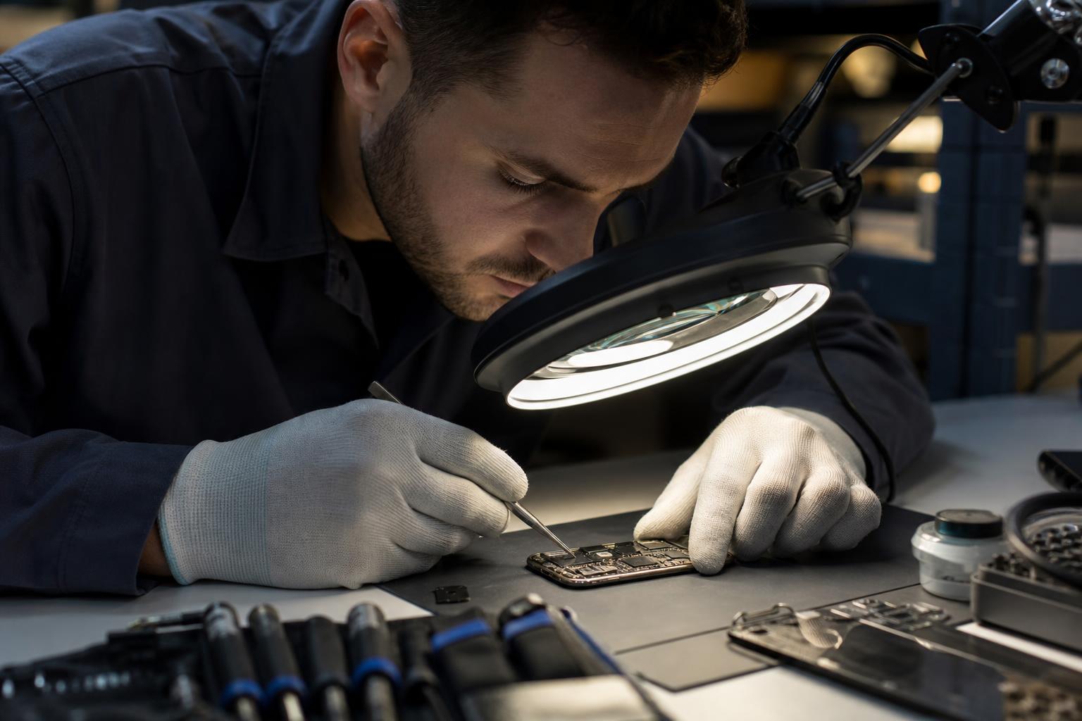 Técnico examinando una placa electrónica bajo una lámpara de aumento