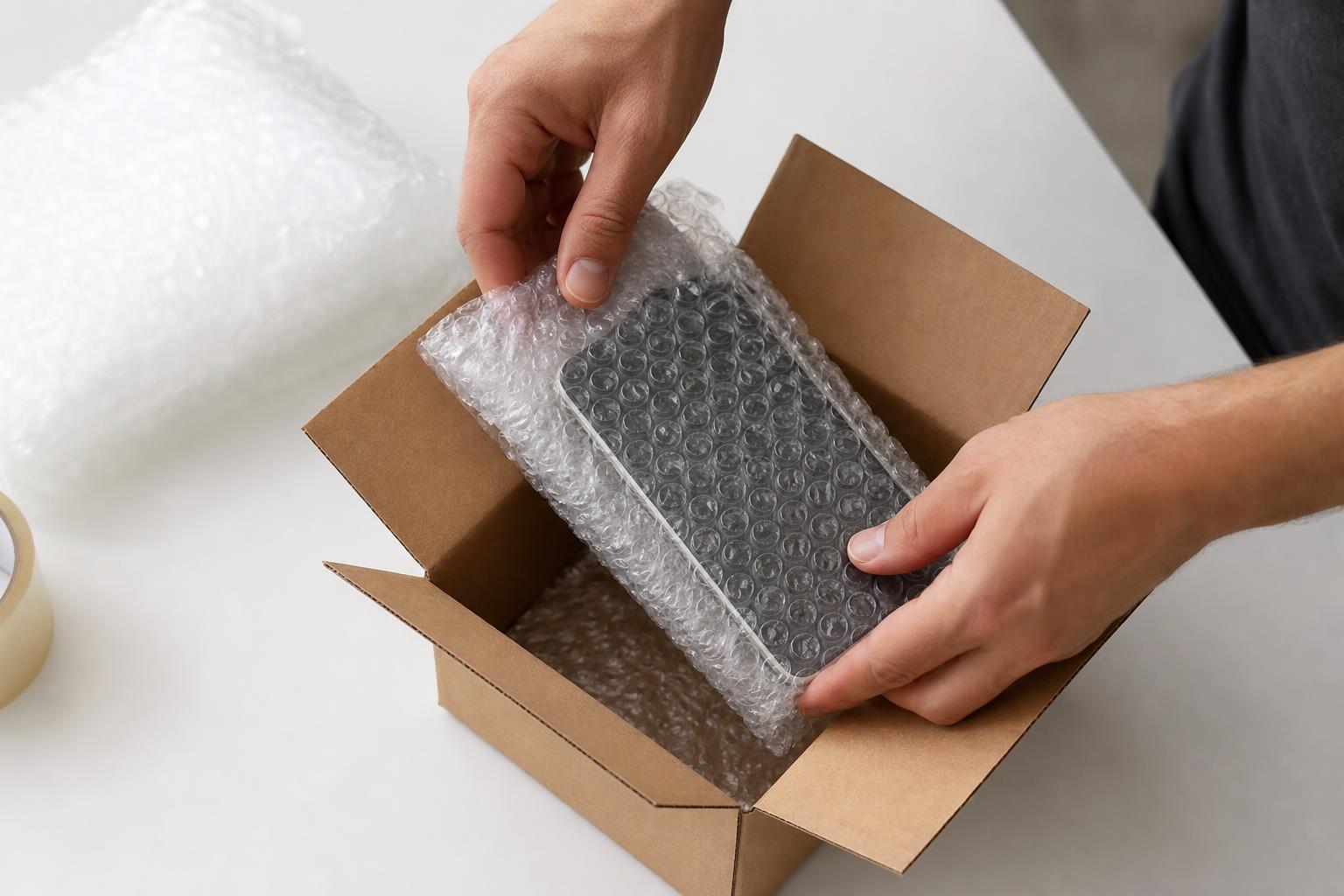 Manos embalando cuidadosamente un smartphone para enviarlo a reparación