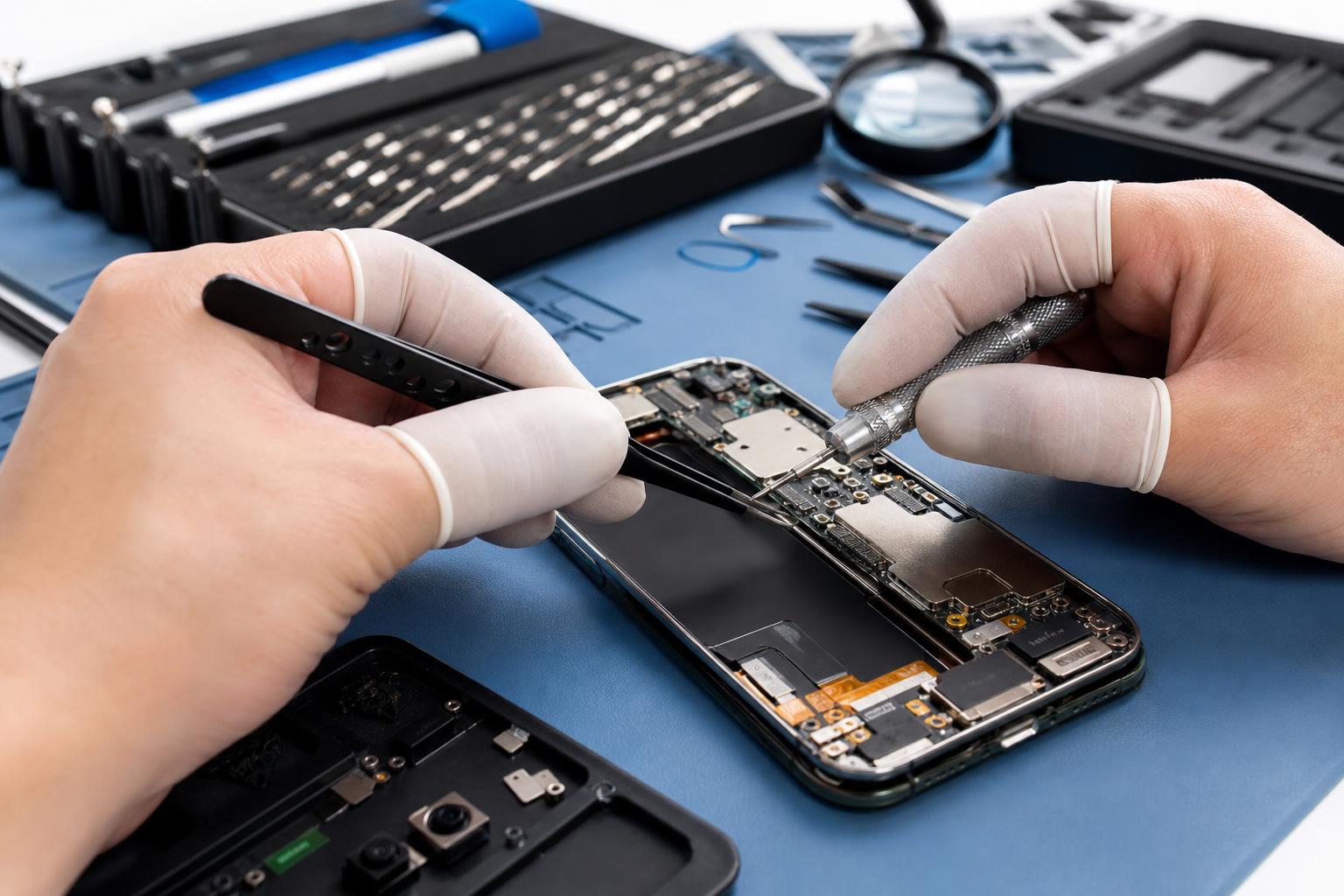Técnico revisando componentes internos de un dispositivo con herramientas de precisión