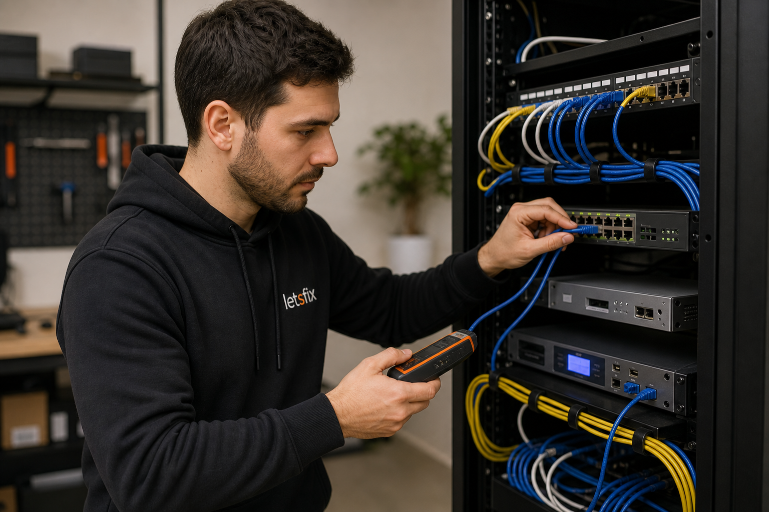Técnico de Letsfix configurando un rack de redes y cableado