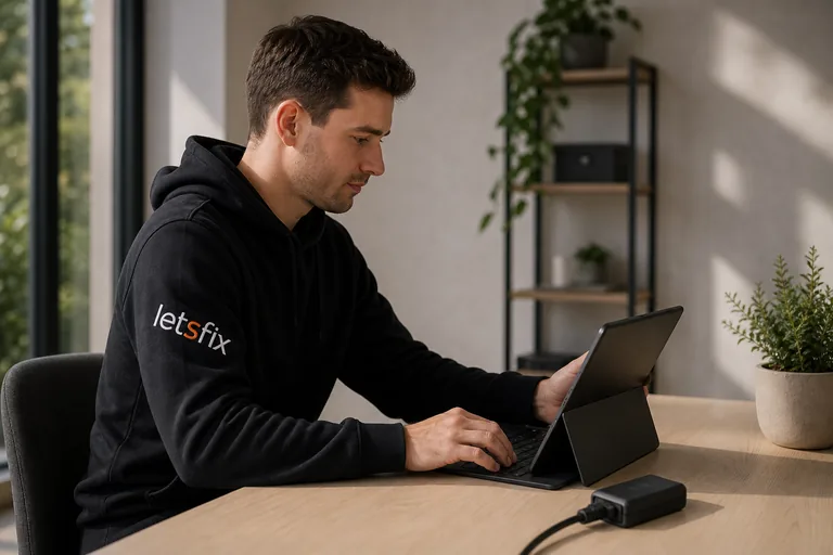 Técnico de Letsfix revisando un dispositivo en mesa de trabajo
