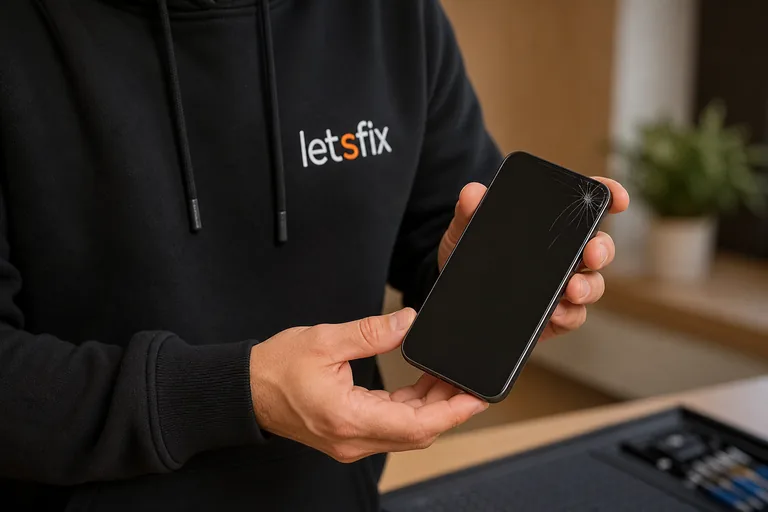 Técnico de Letsfix sosteniendo un smartphone con una grieta sutil en la pantalla