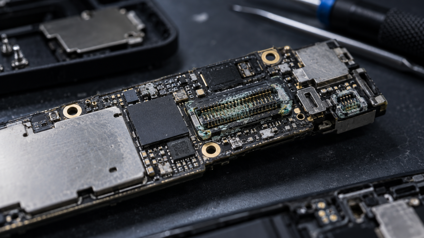 Placa de smartphone con corrosión en contactos electrónicos