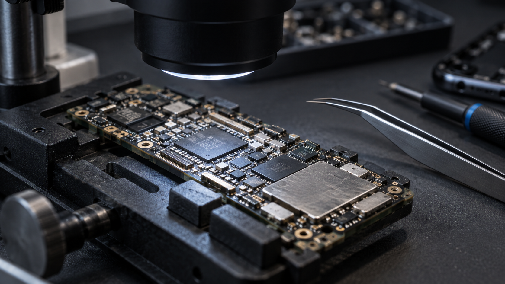 Placa de smartphone en banco de reparación bajo microscopio