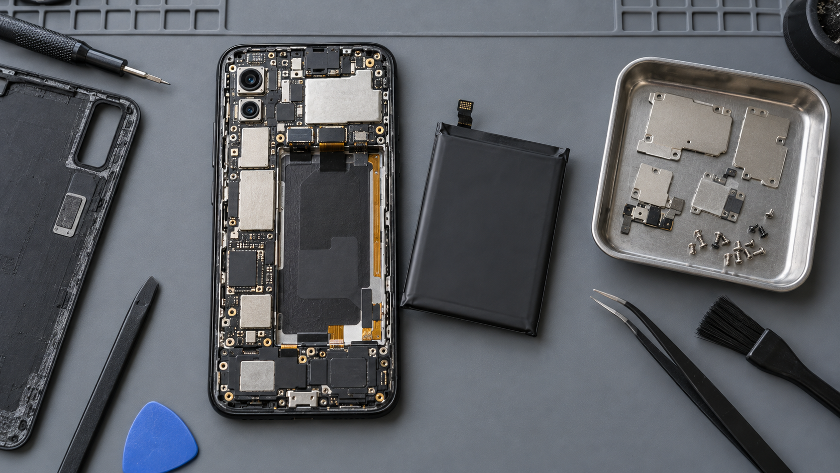 Smartphone desmontado para limpieza tras daño por humedad