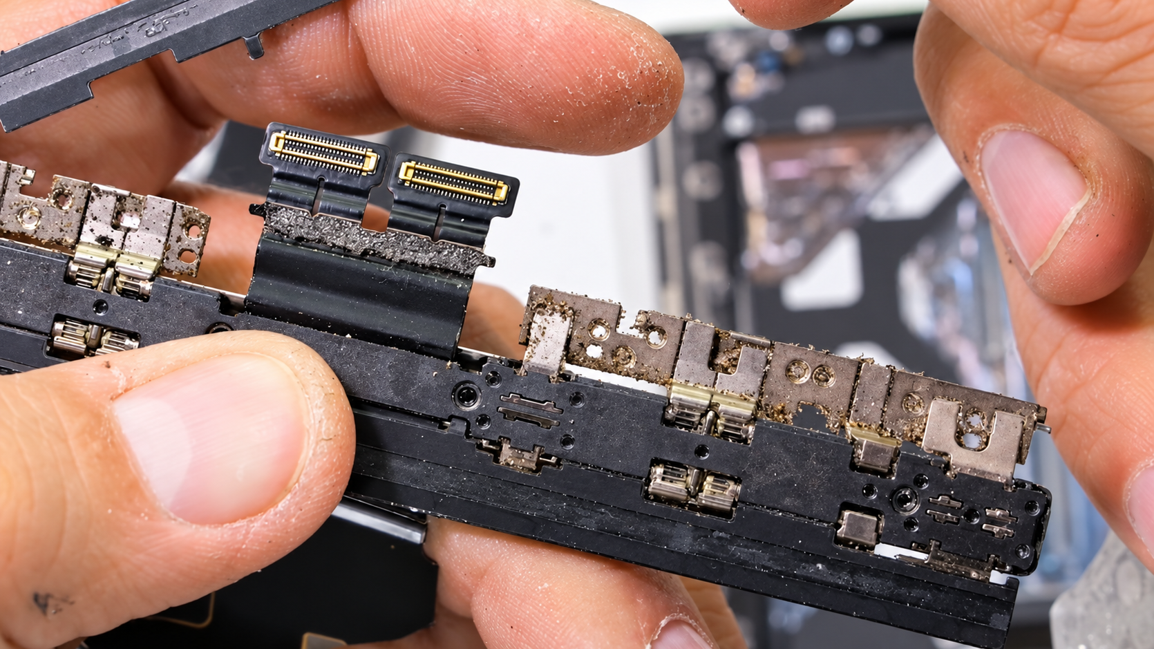 Técnico sujetando una bisagra de móvil plegable desmontada para revisar sus conectores