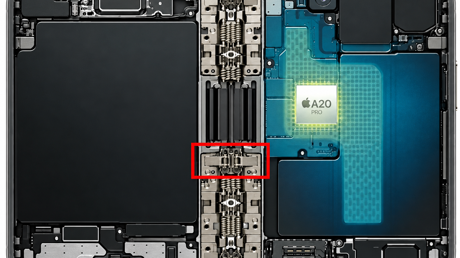 Despiece técnico de un iPhone Duo plegable con la bisagra y sus componentes internos visibles
