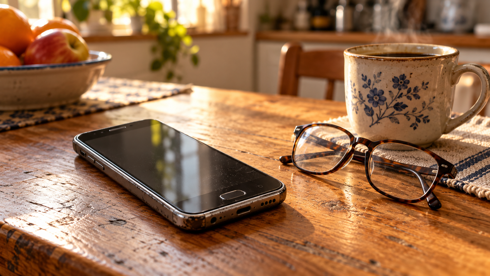 Smartphone antiguo junto a gafas y una taza sobre una mesa