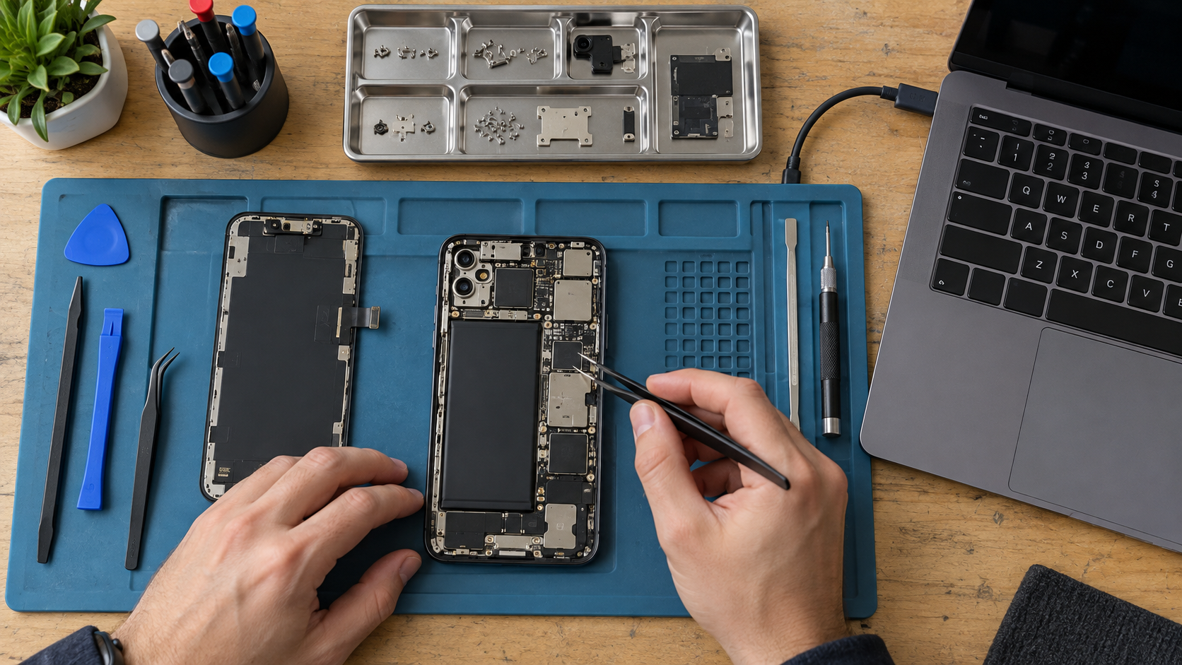 Técnico revisando un smartphone abierto conectado a un ordenador